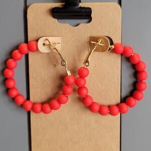 Red Beaded Hoop Earrings Gold Tone Latch Back 1.5" NWT Boho Statement 1980's